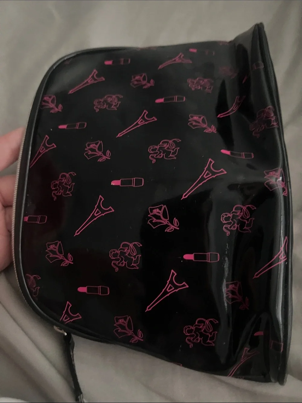 Lancome Black Cosmetic Bag with Pink Paris & Lipstick Motif